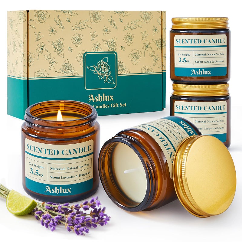 Ashlux 4 Pack Scented Candles as Candle Gift Set, Candle Set for Women, Long Lasting Soy Wax Amber Jar Aromatherapy Candles for Stress Relief, Home Decoration, Birthday, Valentine's Day - Image 1