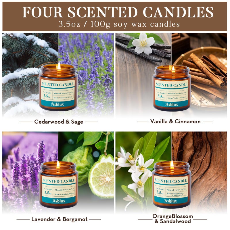 Ashlux 4 Pack Scented Candles as Candle Gift Set, Candle Set for Women, Long Lasting Soy Wax Amber Jar Aromatherapy Candles for Stress Relief, Home Decoration, Birthday, Valentine's Day - Image 2