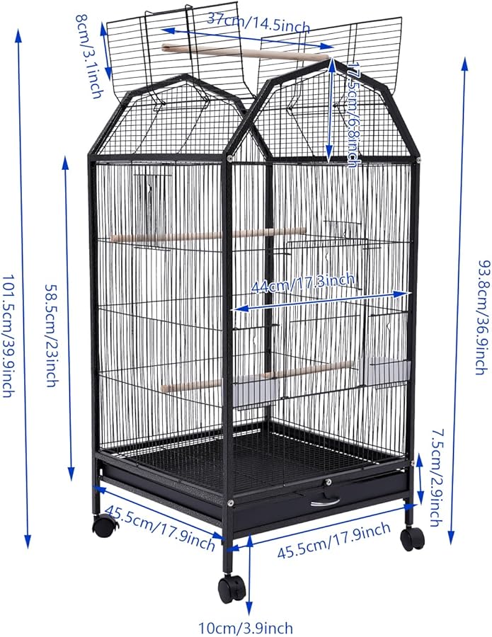 53 Inch Black Wrought Iron Bird Cage With Rolling Stand For Parrots Conures Parakeets - Image 3