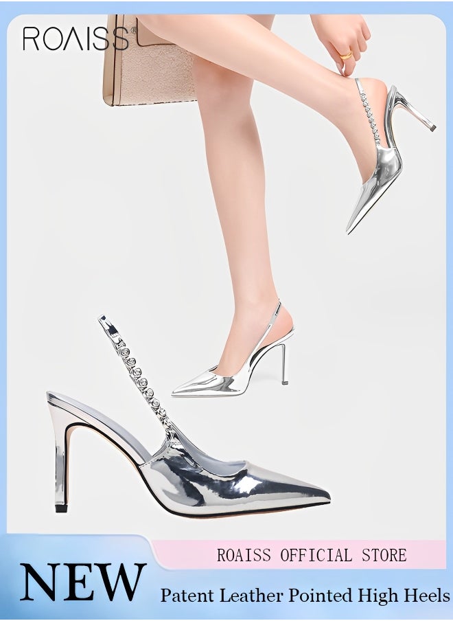 roaiss Women's Fashionable Patent Leather Pointed Thin High Heels Leaky Heel Design Versatile Rhinestone Decorative Sandals Baotou Closed Toes Banquet Dress Wedding Sandals  - Image 1