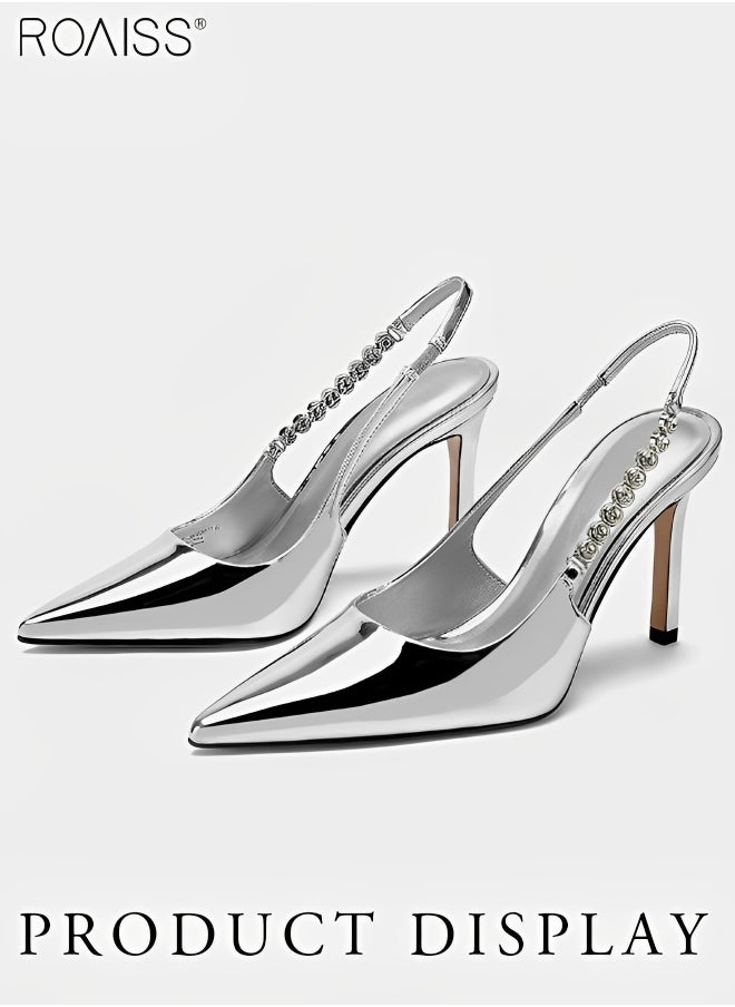roaiss Women's Fashionable Patent Leather Pointed Thin High Heels Leaky Heel Design Versatile Rhinestone Decorative Sandals Baotou Closed Toes Banquet Dress Wedding Sandals  - Image 4
