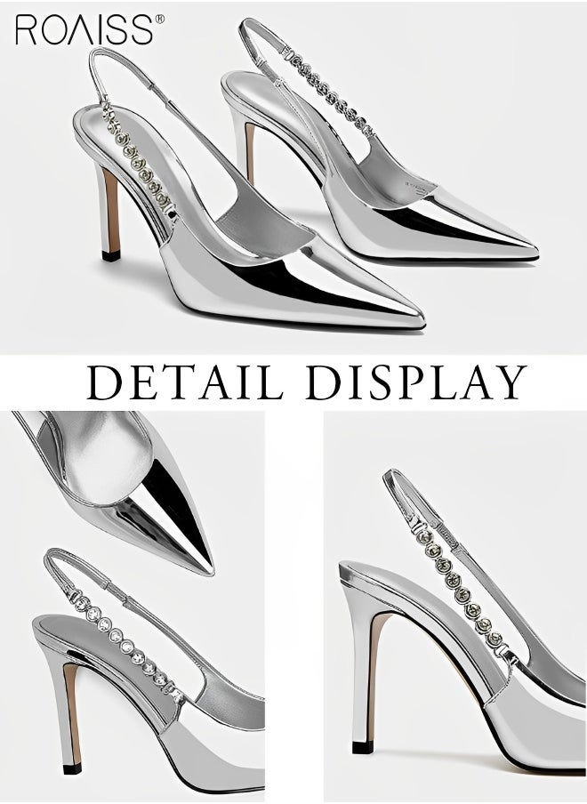 roaiss Women's Fashionable Patent Leather Pointed Thin High Heels Leaky Heel Design Versatile Rhinestone Decorative Sandals Baotou Closed Toes Banquet Dress Wedding Sandals  - Image 2
