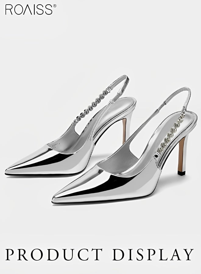 roaiss Women Fashionable High Heels, Versatile Rhinestone Slingback, Pointed Toe Backless High-heeled Shoes, 8cm Stilettos for Ladies, Perfect for Wedding, Party, Business, Dating and Daily Wear - Image 2