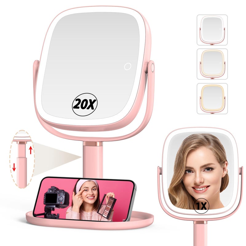 Mocado Makeup Mirror with Lights, 1X/20X Magnifying Mirror with Light, Vanity Mirror with 3 Colors Lights, Height Adjustable Lighted Makeup Mirror, Double Sided 360Â°Rotation, Memory Function (Pink) - Image 1