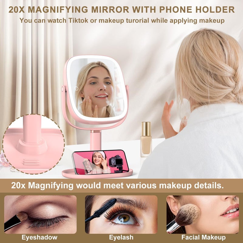 Mocado Makeup Mirror with Lights, 1X/20X Magnifying Mirror with Light, Vanity Mirror with 3 Colors Lights, Height Adjustable Lighted Makeup Mirror, Double Sided 360Â°Rotation, Memory Function (Pink) - Image 4