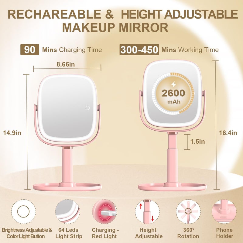 Mocado Makeup Mirror with Lights, 1X/20X Magnifying Mirror with Light, Vanity Mirror with 3 Colors Lights, Height Adjustable Lighted Makeup Mirror, Double Sided 360Â°Rotation, Memory Function (Pink) - Image 5
