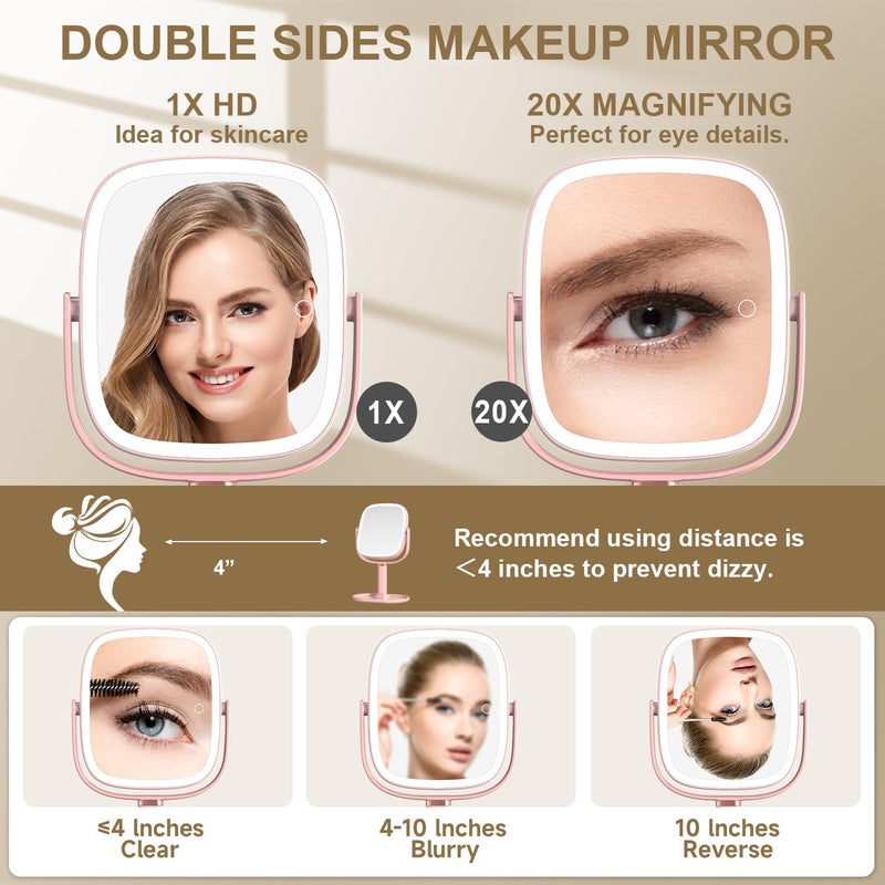 Mocado Makeup Mirror with Lights, 1X/20X Magnifying Mirror with Light, Vanity Mirror with 3 Colors Lights, Height Adjustable Lighted Makeup Mirror, Double Sided 360Â°Rotation, Memory Function (Pink) - Image 3
