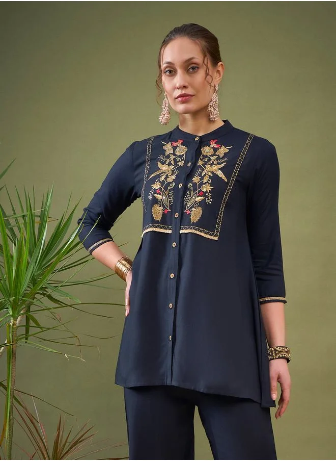 SASSAFRAS Floral Embroidered Mandarin Collar Shirt & Pants Set by Styli