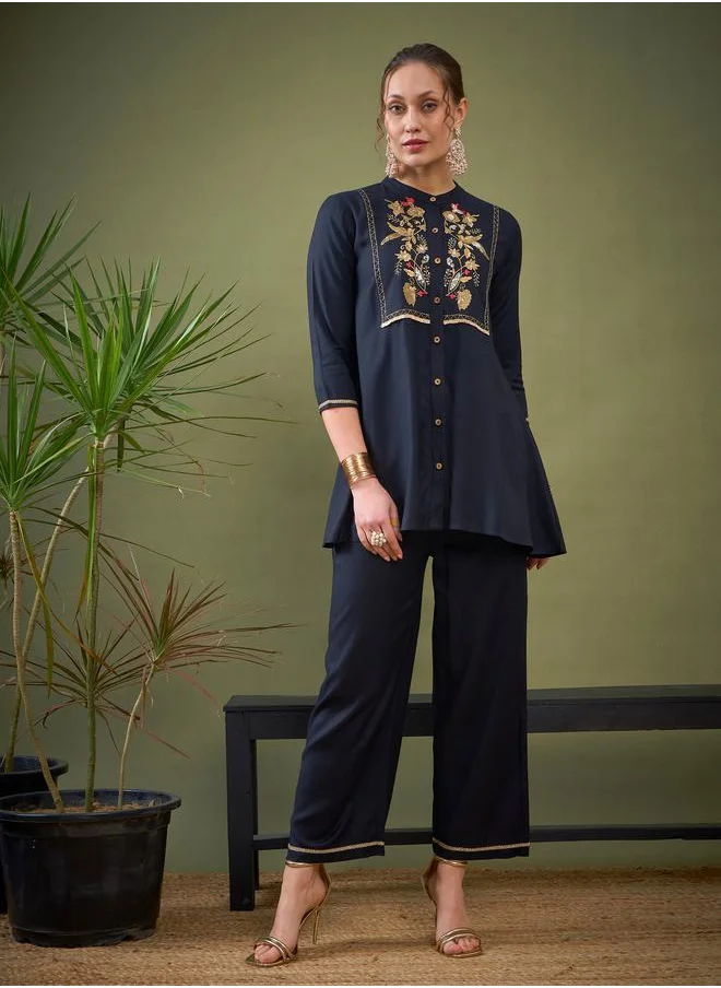 SASSAFRAS Floral Embroidered Mandarin Collar Shirt & Pants Set by Styli