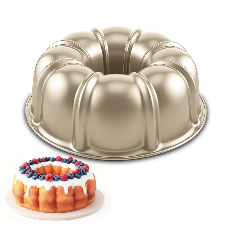 Shinsin 10 Inch Cake Pan Nonstick Round Fluted Tube Cake Baking Pan Buntz Pound Cake MoldTube BakewareBaking Mold for JelloGelatinChocoflan Non Toxic Easy Clean Gold - Image 2