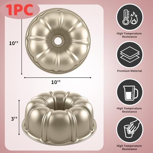 Shinsin 10 Inch Cake Pan Nonstick Round Fluted Tube Cake Baking Pan Buntz Pound Cake MoldTube BakewareBaking Mold for JelloGelatinChocoflan Non Toxic Easy Clean Gold - Image 3