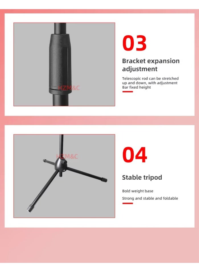 والالا حامل ميكروفون قابل لتعديل الارتفاع مع 3 مشابك للهاتف المحمول مع صينية بطاقة صوت، حامل ميكروفون غنائي، حامل ميكروفون قابل للرفع للاستخدام في مشاهد متعددة - Image 3