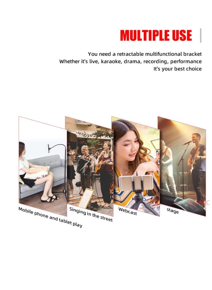 والالا حامل ميكروفون قابل لتعديل الارتفاع مع 3 مشابك للهاتف المحمول مع صينية بطاقة صوت، حامل ميكروفون غنائي، حامل ميكروفون قابل للرفع للاستخدام في مشاهد متعددة - Image 4