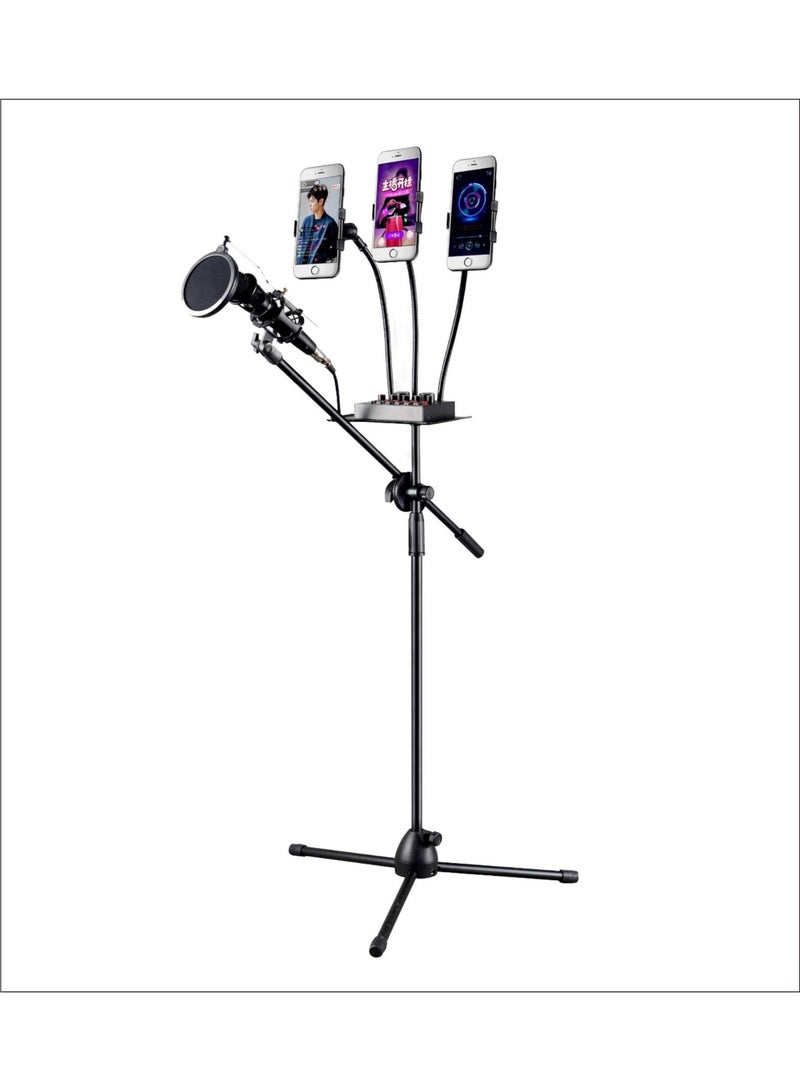 والالا حامل ميكروفون قابل لتعديل الارتفاع مع 3 مشابك للهاتف المحمول مع صينية بطاقة صوت، حامل ميكروفون غنائي، حامل ميكروفون قابل للرفع للاستخدام في مشاهد متعددة - Image 5