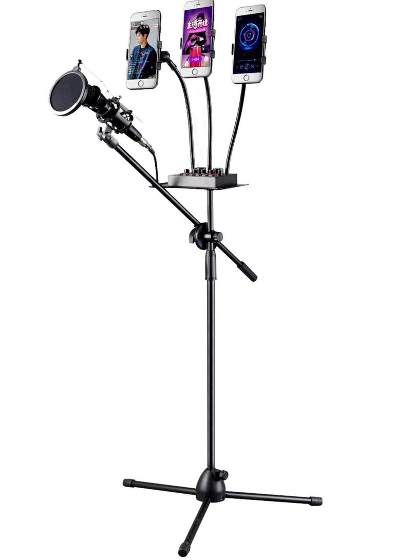 والالا حامل ميكروفون قابل لتعديل الارتفاع مع 3 مشابك للهاتف المحمول مع صينية بطاقة صوت، حامل ميكروفون غنائي، حامل ميكروفون قابل للرفع للاستخدام في مشاهد متعددة - Image 1