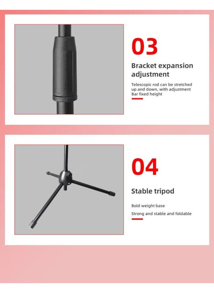 WALALLA Adjustable Height Microphone Stand with 3 Phone Holders, Metal Tripod Mic Stand with Sound Card Tray, 75-145cm Foldable Floor Microphone Stand for Live Streaming Singing Recording Studio Stage - Image 3