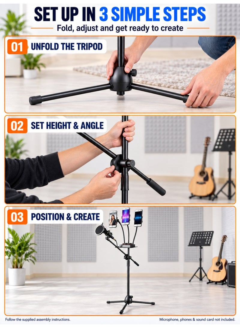WALALLA Adjustable Microphone Stand with 3 Phone Holders and Sound Card Tray, 75–145 cm Telescopic Floor Stand with Foldable Tripod Base for Singing, Live Streaming, Recording and Karaoke - Image 5