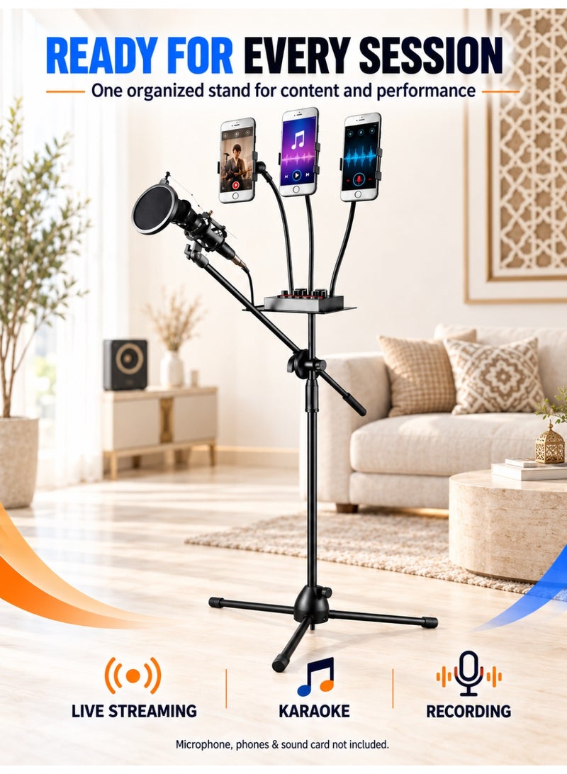 WALALLA Adjustable Microphone Stand with 3 Phone Holders and Sound Card Tray, 75–145 cm Telescopic Floor Stand with Foldable Tripod Base for Singing, Live Streaming, Recording and Karaoke - Image 3
