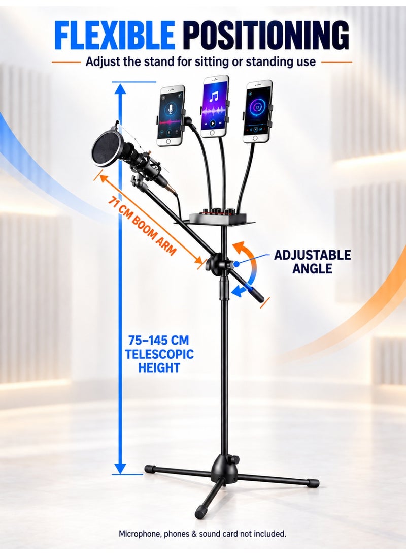 WALALLA Adjustable Microphone Stand with 3 Phone Holders and Sound Card Tray, 75–145 cm Telescopic Floor Stand with Foldable Tripod Base for Singing, Live Streaming, Recording and Karaoke - Image 2