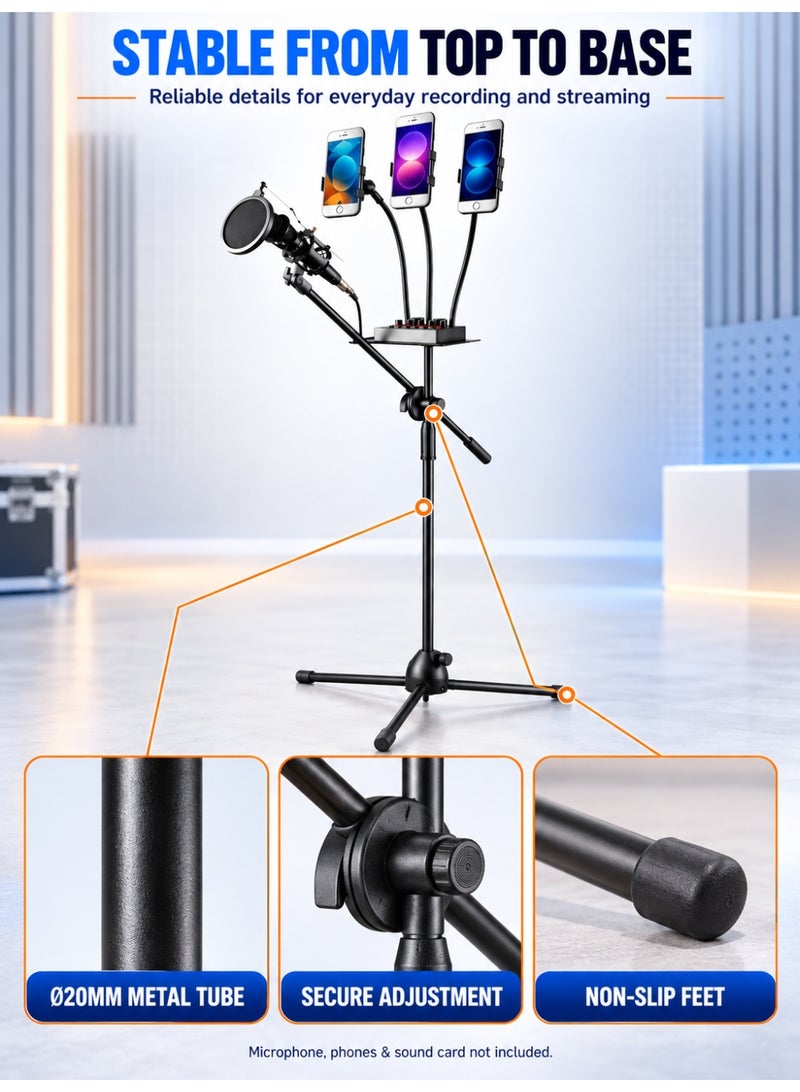 WALALLA Adjustable Microphone Stand with 3 Phone Holders and Sound Card Tray, 75–145 cm Telescopic Floor Stand with Foldable Tripod Base for Singing, Live Streaming, Recording and Karaoke - Image 4
