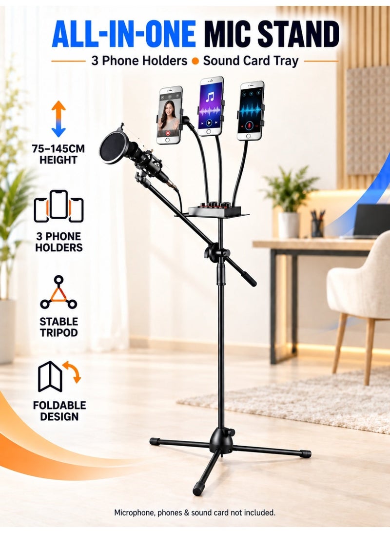 WALALLA Adjustable Microphone Stand with 3 Phone Holders and Sound Card Tray, 75–145 cm Telescopic Floor Stand with Foldable Tripod Base for Singing, Live Streaming, Recording and Karaoke - Image 1