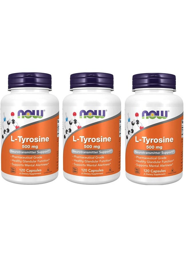 Now Foods L-Tyrosine 500mg 120 Capsules (Pack of 3) - Image 1