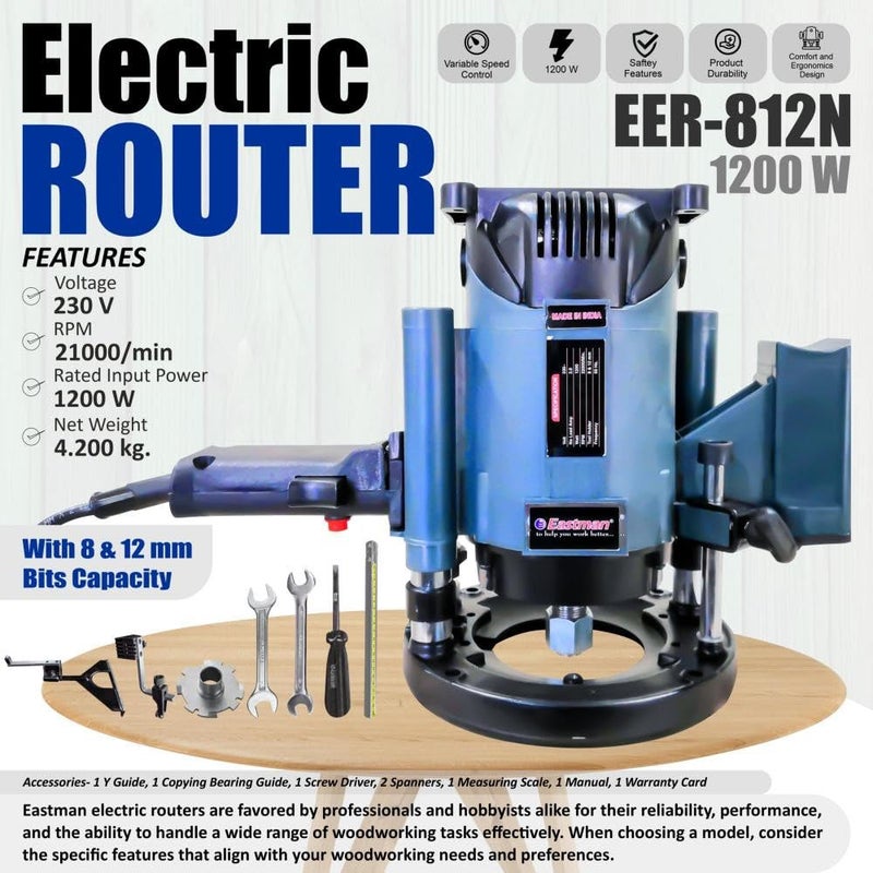 Eastman Eastman Electric Router 1200W 21000rpm 230V Router Electric Hand Trimmer Wood Router With 8 12 Bits Capacity Professional Woodworking Tool EER812N  - Image 2