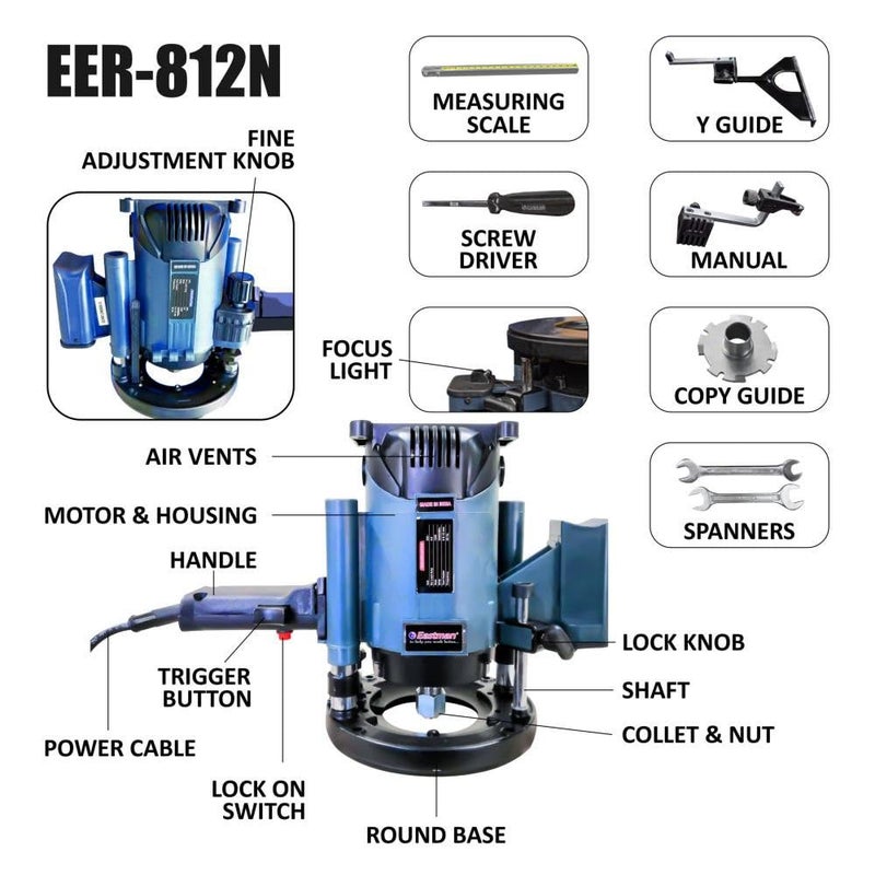 Eastman Eastman Electric Router 1200W 21000rpm 230V Router Electric Hand Trimmer Wood Router With 8 12 Bits Capacity Professional Woodworking Tool EER812N  - Image 3