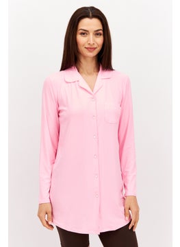 Women Button Front  Long Sleeve Night Shirt, Pink