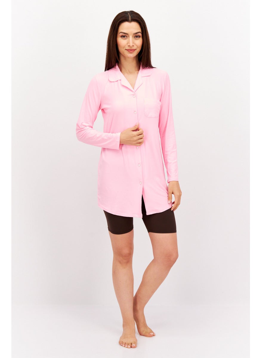 Not A Morning Person - Women Button Front  Long Sleeve Night Shirt, Pink - Image 1