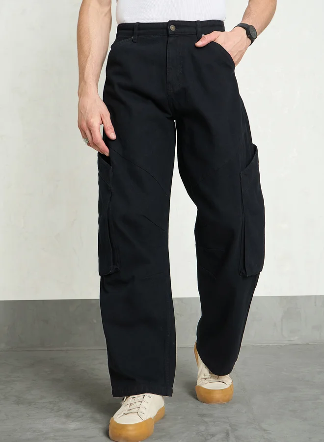 ساسافراس Sassafras Men Black Mid Rise Plain Cargo Pocket Detail Wide Leg Jeans