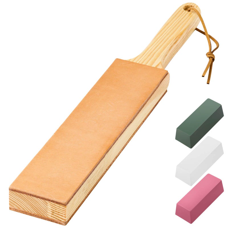ANGERSTONE Double Side Leather Strop for Knife Sharpening - 14"x 2" Stropping Block Kit with Polishing Compound, Knife Strop with Ergonomic Handle for Honing Knives, Woodworking Chisels - Image 1