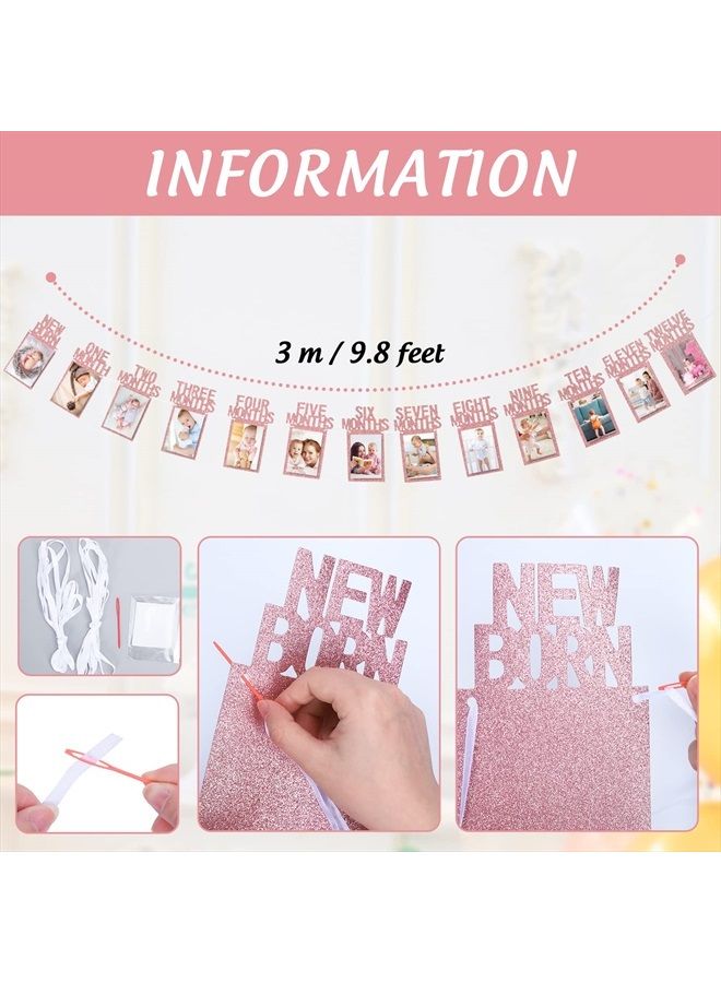 Whaline 1st Birthday Baby Photo Banner for Newborn to 12 Months, Monthly Milestone Photograph Bunting Garland, First Birthday Celebration Decoration (Rose Gold) - Image 3