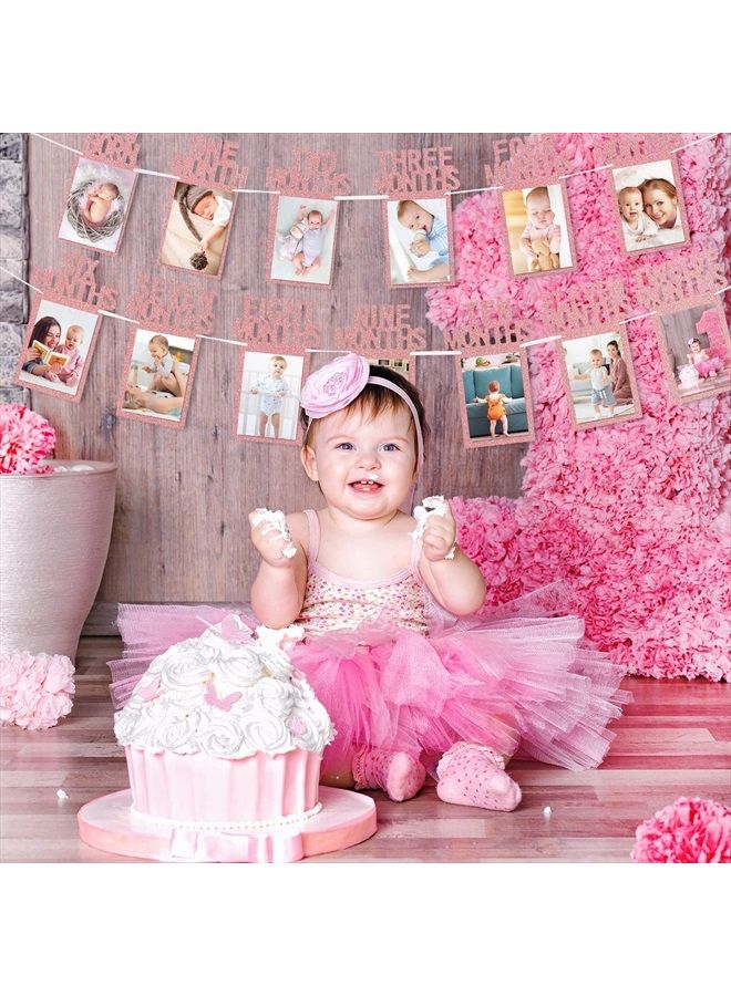 Whaline 1st Birthday Baby Photo Banner for Newborn to 12 Months, Monthly Milestone Photograph Bunting Garland, First Birthday Celebration Decoration (Rose Gold) - Image 5