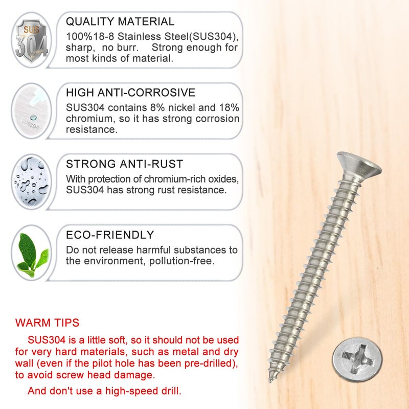 Kinder Wood Screws - 80PCS Flat Head Phillips Screws, 304 Stainless Steel Screw with Adjustable Wood Countersink Kit (#6 x 1-3/8") - Image 2