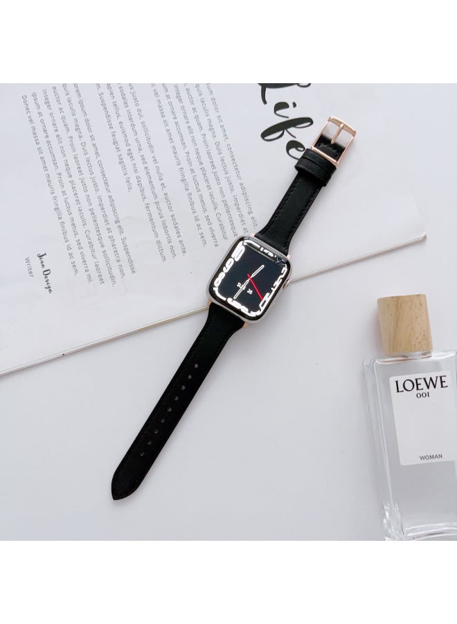 For Apple Applewatch Strap Ultra Leather Wristband Iwatchs8/7/6/5/4/se Day Buckle-Color:iWatch 7/45mm/Black (silver Buckle)-Exterior Dimension:More Than 1000 - Image 1