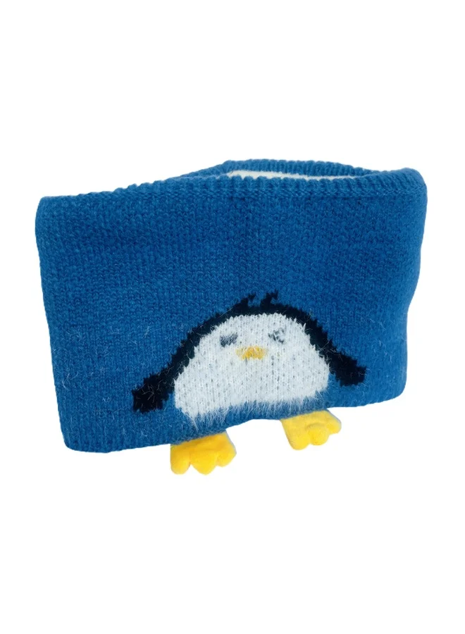 LITTLE SURPRISE BOX Light Blue Penguin Woven Stretchable Woolen Winter Cap For Kids With Matching Neck Muffler Set