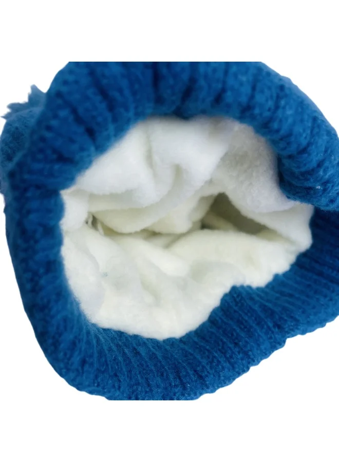 LITTLE SURPRISE BOX Light Blue Penguin Woven Stretchable Woolen Winter Cap For Kids With Matching Neck Muffler Set