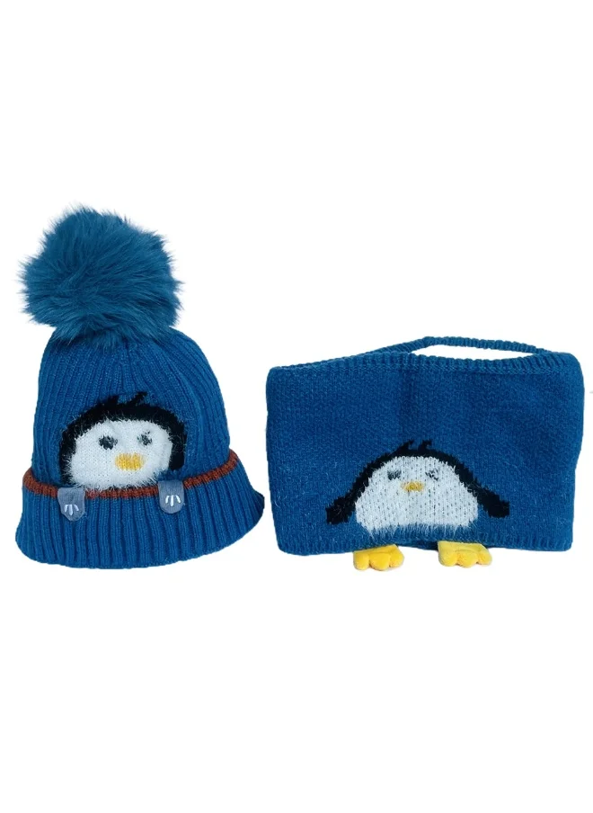 صندوق المفاجآت الصغيرة Light Blue Penguin Woven Stretchable Woolen Winter Cap For Kids With Matching Neck Muffler Set