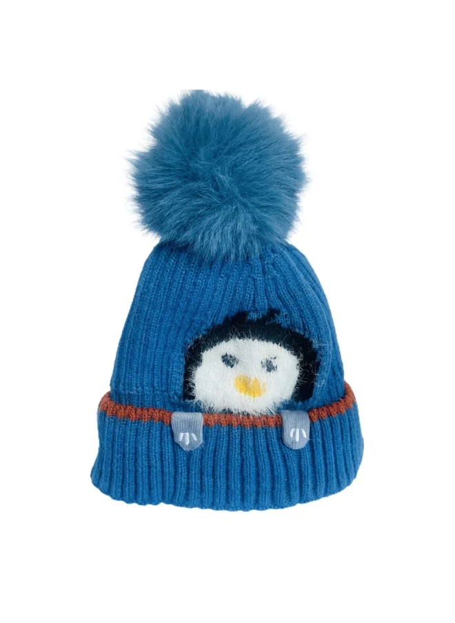 صندوق المفاجآت الصغيرة Light Blue Penguin Woven Stretchable Woolen Winter Cap For Kids With Matching Neck Muffler Set