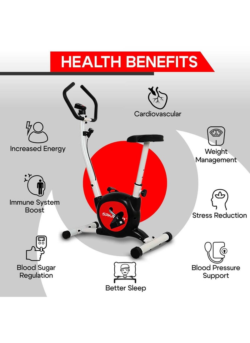 SPARNOD FITNESS SUB-49 Upright Exercise Bike for home gym - LCD Display, Height Adjustable Seat, Compact design and 4 Kg Flywheel - Perfect Cardio Exercise Cycle Machine for Small Spaces - Black
