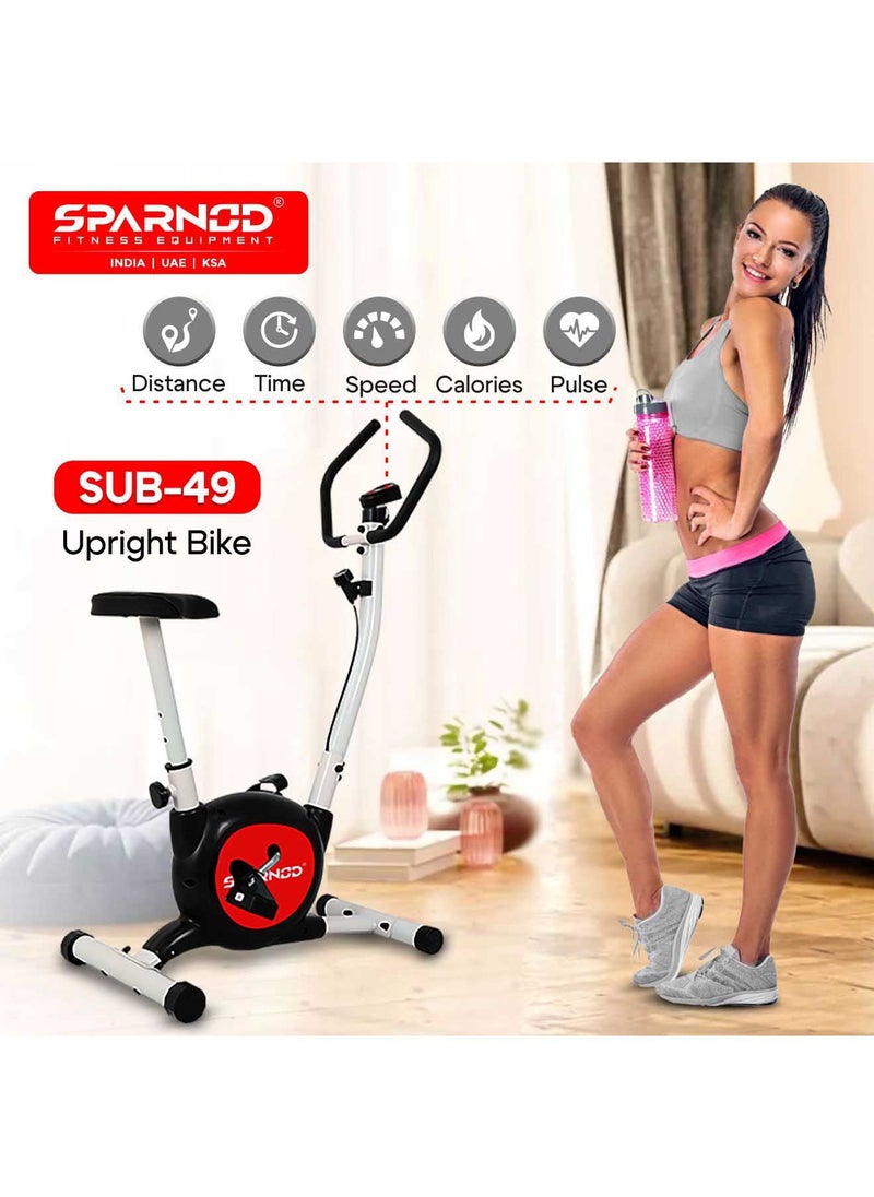 SPARNOD FITNESS SUB-49 Upright Exercise Bike for home gym - LCD Display, Height Adjustable Seat, Compact design and 4 Kg Flywheel - Perfect Cardio Exercise Cycle Machine for Small Spaces - Black