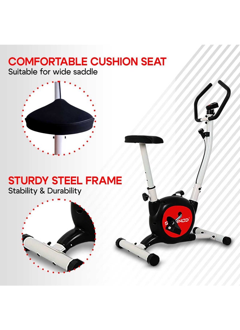 SPARNOD FITNESS SUB-49 Upright Exercise Bike for home gym - LCD Display, Height Adjustable Seat, Compact design and 4 Kg Flywheel - Perfect Cardio Exercise Cycle Machine for Small Spaces - Black