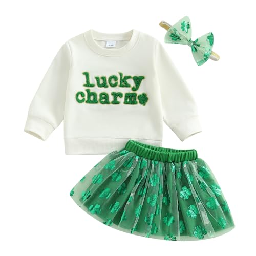 Amnnchya Toddler Baby Girl St Patricks Day Outfit Little Girl Clothes Skirt Set Lucky Charm Sweatshirt Clover Tutu Dress Green 1824 Months - Image 1