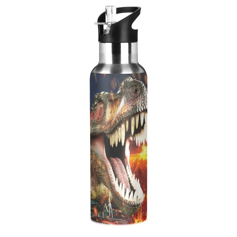 ZOEO Dinosaur 3D TRex Water Bottle with Straw Lid Kids Insulated Stainless Steel Water Flask Sports 20 Oz Hot Cold