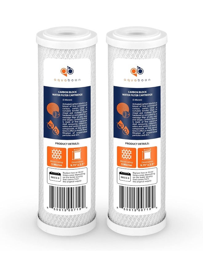 Aquaboon 5 Micron 10 x 2.5 Carbon Block Water Filter Cartridge CTO Whole House Water Filter Replacement Compatible with WHKF-WHWC, FXWTC, 2-PACK - Image 1