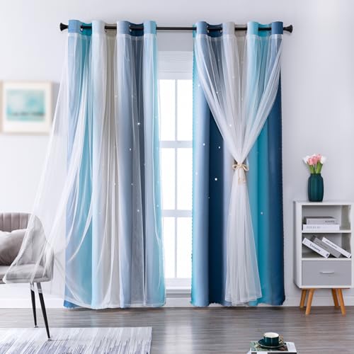 indistar Star Blackout Curtains for Girls Kids Bedroom Colourful Stripe Window Curtain Panels 2 Layer Lace Drapes Room Darkening Curtain for Living Room Decor 1 PanelBlue W52 x L63 inch