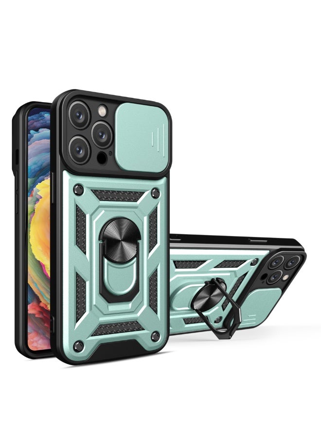 Shunjia Sliding Window Case, Shockproof Rugged Armor with Sliding Camera Cover & 360° Ring Kickstand, Compatible with Apple iPhone 14 Pro Max (Green)
