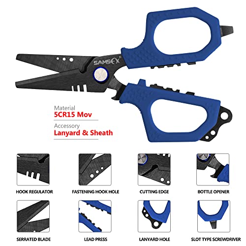 SAMSFX 6.5" Pro Fishing Shears Dual Serrated Blades, Fishing Braided Line Scissors with Titanium Coating, Non-Slip Grip & Multifunction Tool, Includes Hard Molded Locking Sheath & Coiled Lanyard - Image 3