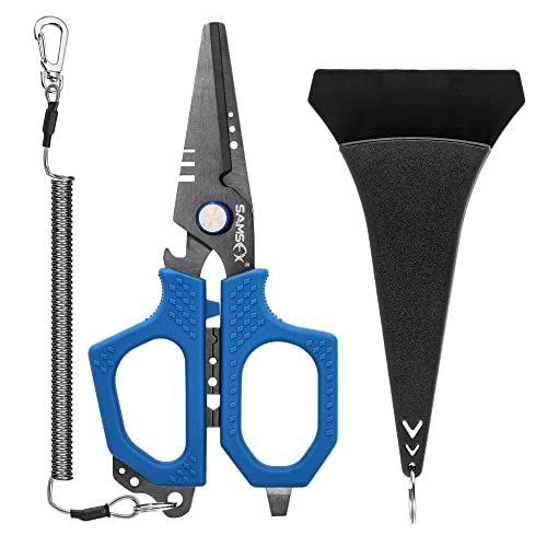 SAMSFX 6.5" Pro Fishing Shears Dual Serrated Blades, Fishing Braided Line Scissors with Titanium Coating, Non-Slip Grip & Multifunction Tool, Includes Hard Molded Locking Sheath & Coiled Lanyard - Image 1